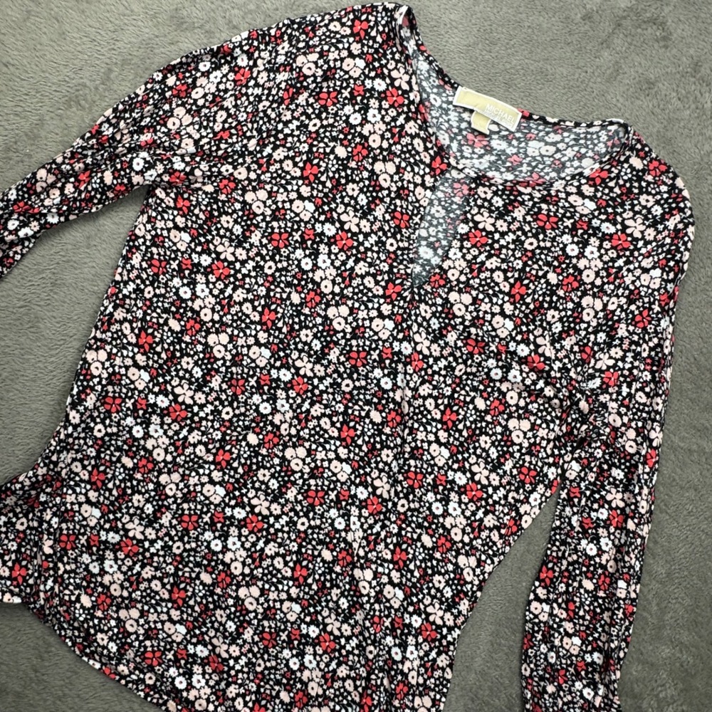 Michael Kors Blouse Womens L Black Red Floral Excellent Keyhole Long Sleeve Top